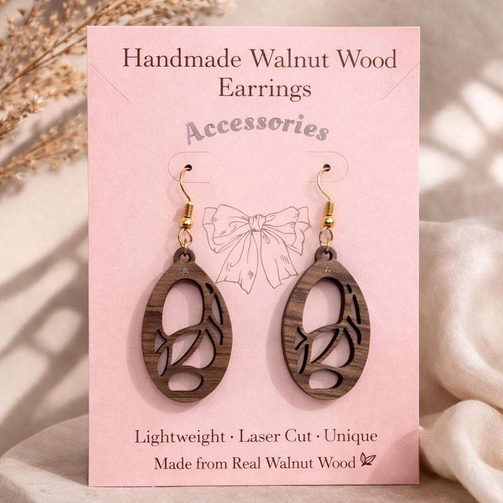 Handmade Walnut Wood Dangle Earrings | Laser Cut Lightweight Jewelry