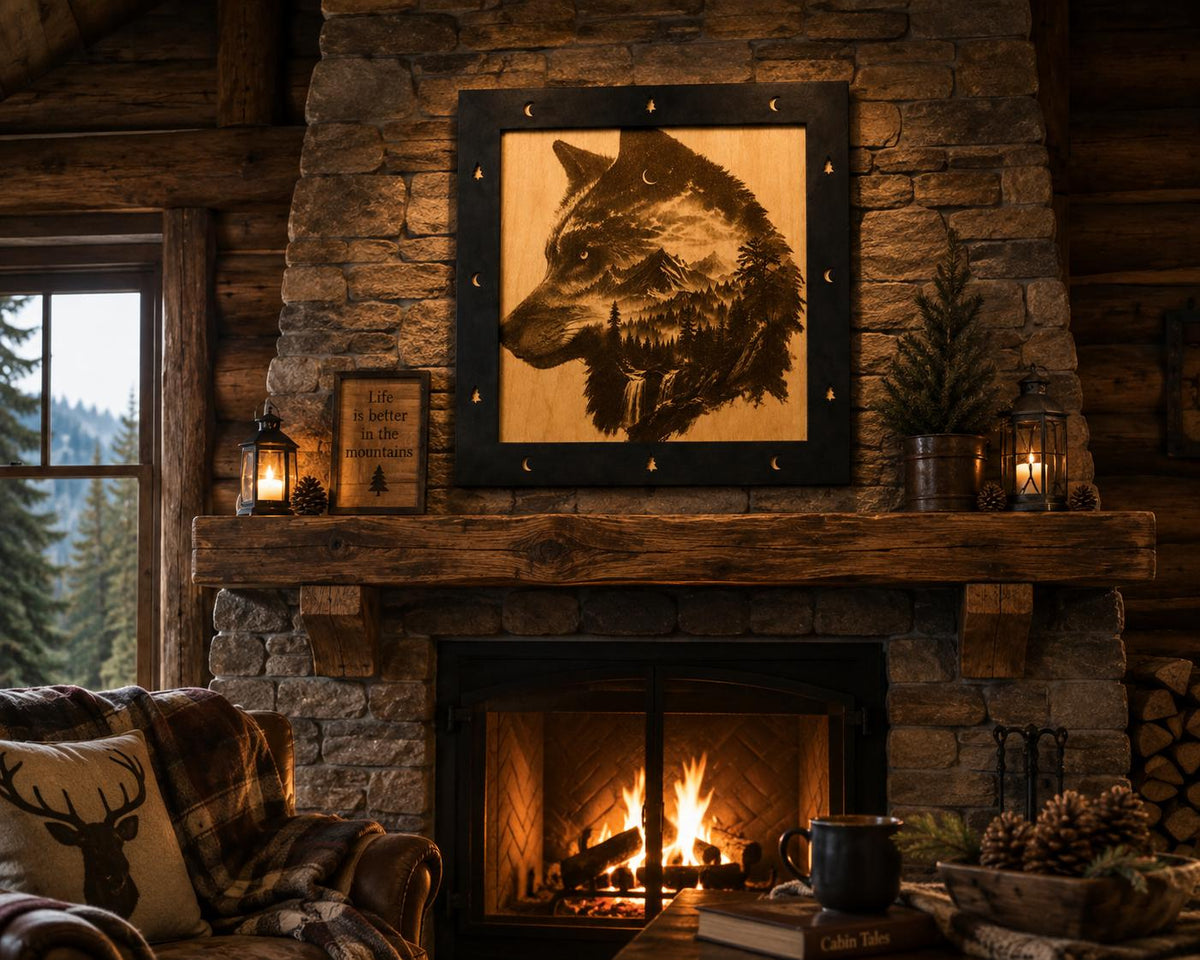 Laser Engraved Wolf Mountain Wood Art – Rustic Cabin Decor (11"x11")