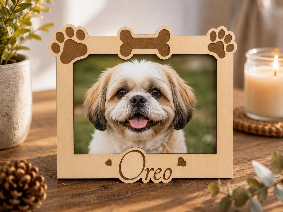 Personalized Dog Photo Frame – Engraved Wood, Paw Prints, Bone Design (Custom Name)