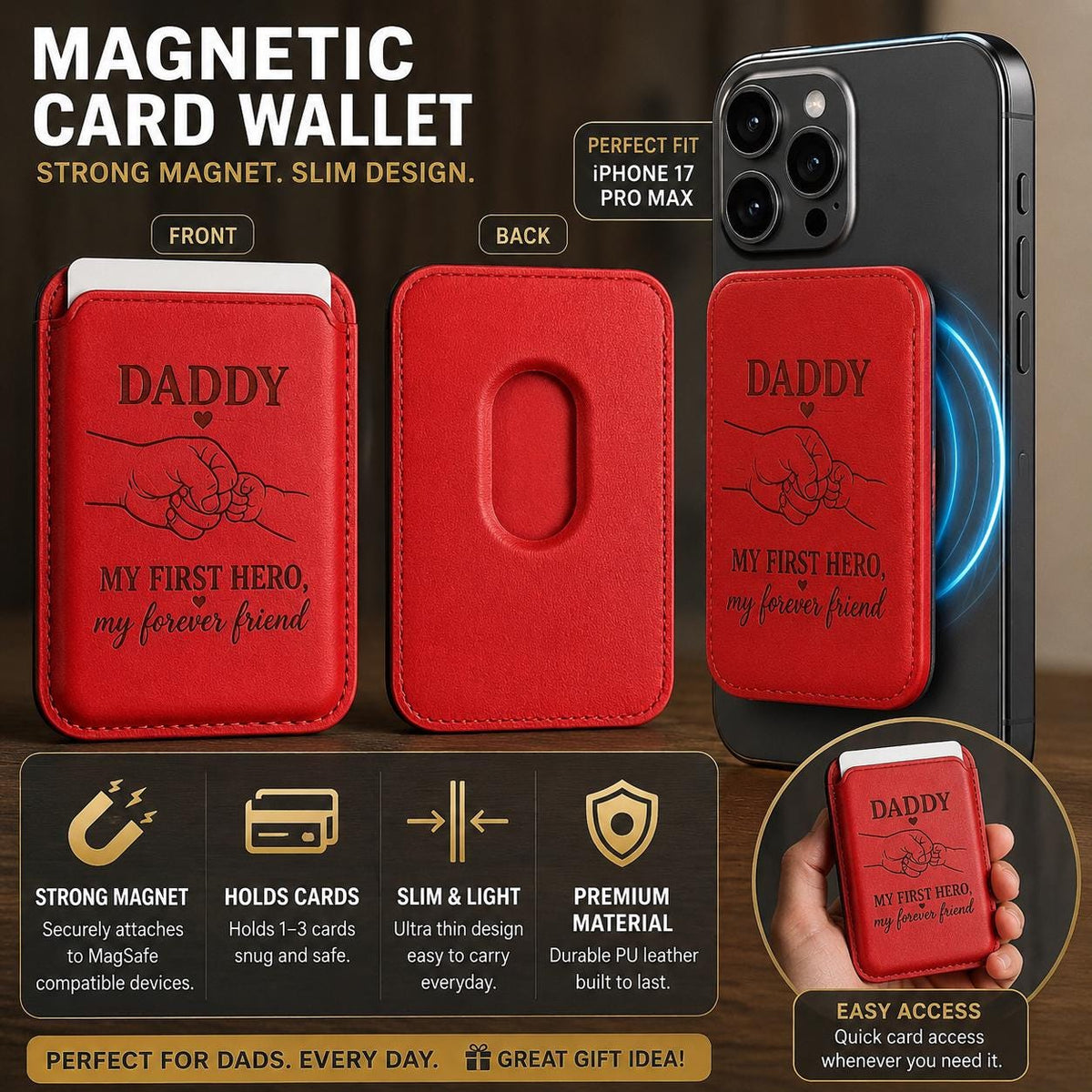 Magnetic Wallet for Dad – Engraved "My First Hero" Message, MagSafe Compatible