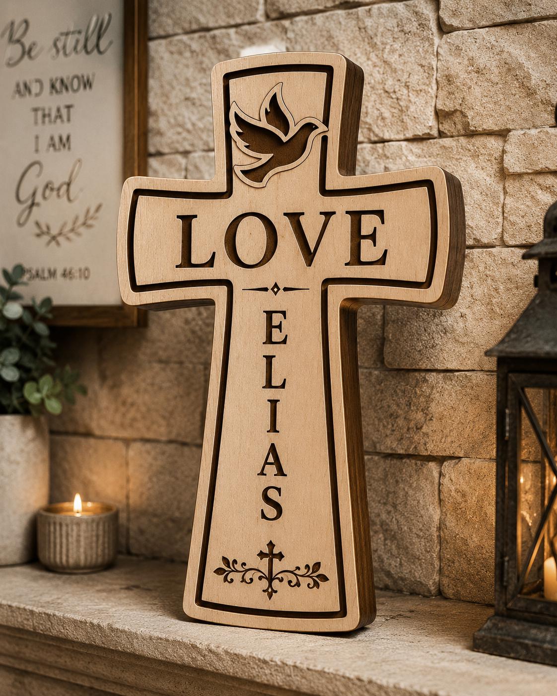 Personalized 3D Wooden Cross Decor, Love Dove Name Sign, Christian Faith Home Art