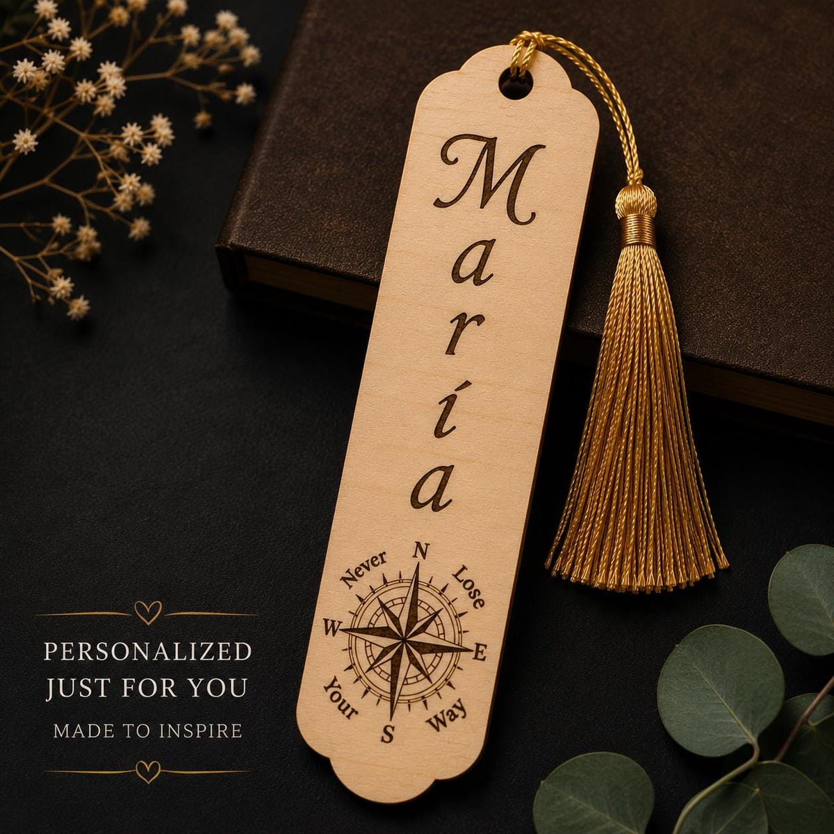 Custom Engraved Wooden Bookmark | Personalized Name, Compass Design, Tassel Detail