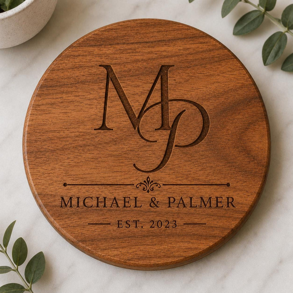 Personalized Acacia Wood Coaster Set, Custom Engraved Monogram, Wedding Housewarming Gift
