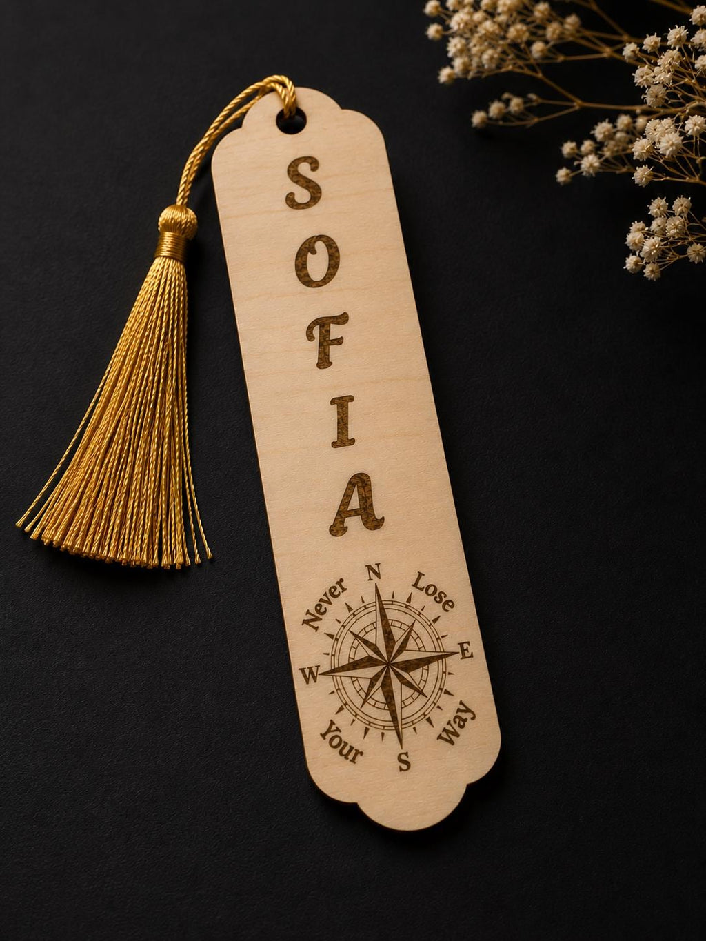 Custom Engraved Wooden Bookmark | Personalized Name, Compass Design, Tassel Detail