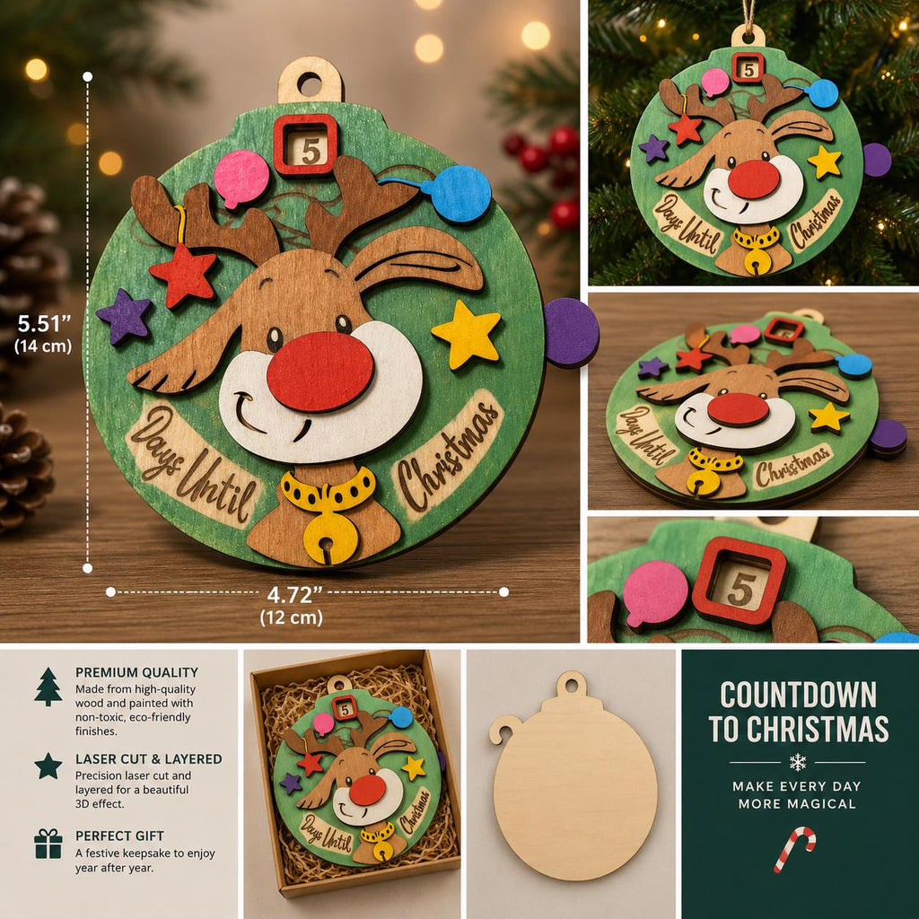 Wooden Christmas Countdown Ornament, Movable Days Until Christmas Decor, Santa Snowman Reindeer Styles