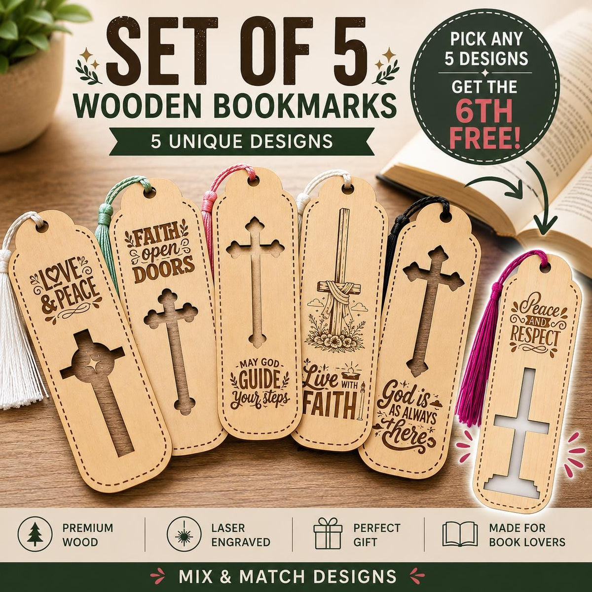 Set of 5 Laser Engraved Wooden Bookmarks | Scripture Inspired, Faith Tassel Bundle