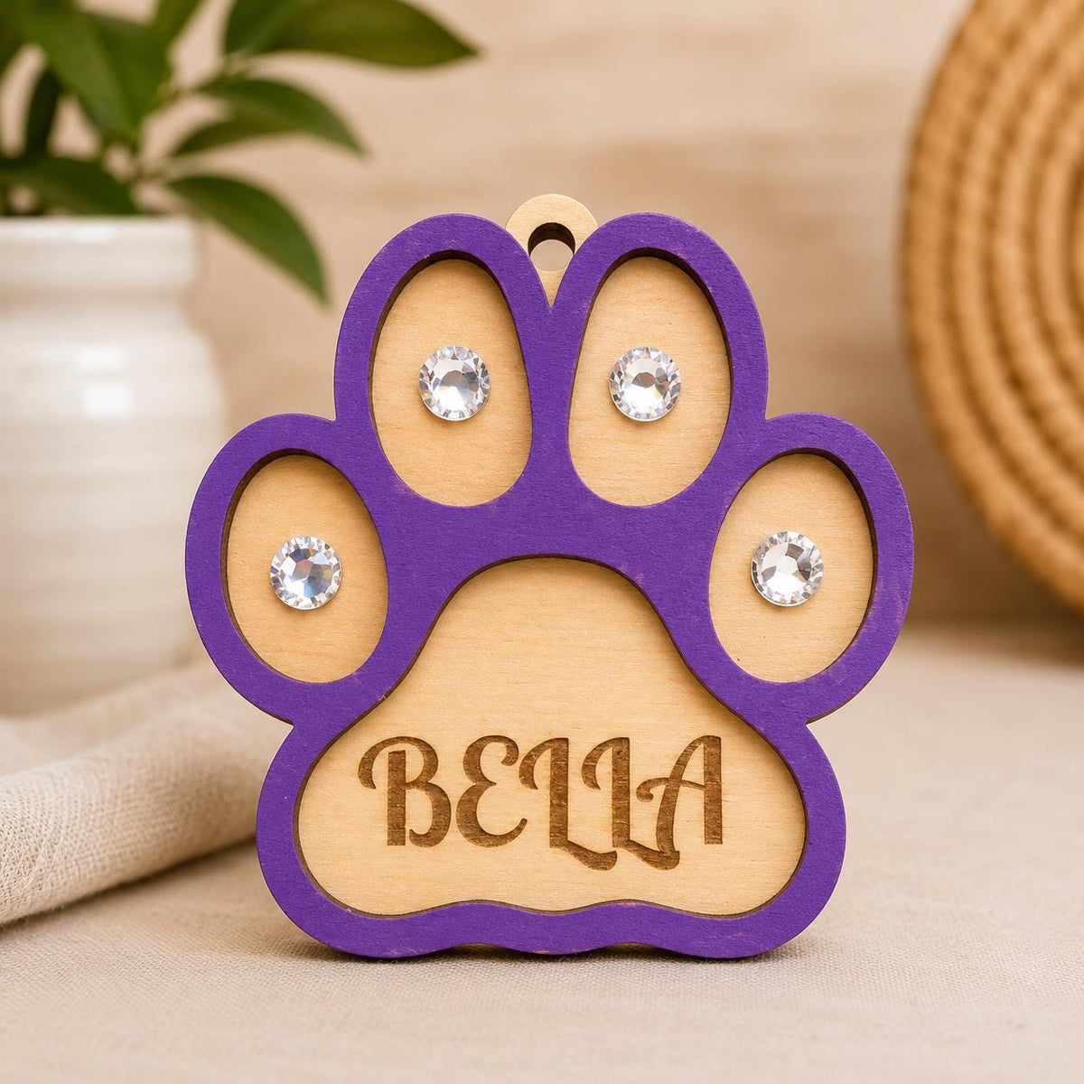Personalized Wooden Paw Print Ornament – Laser Engraved Pet Name, Glass Stones Charm