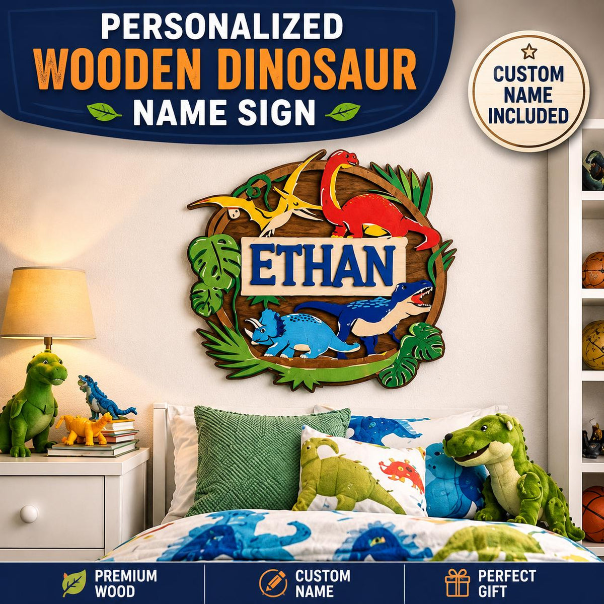 Personalized Dinosaur Name Sign, Laser Cut Hand Painted Wooden Nursery Decor