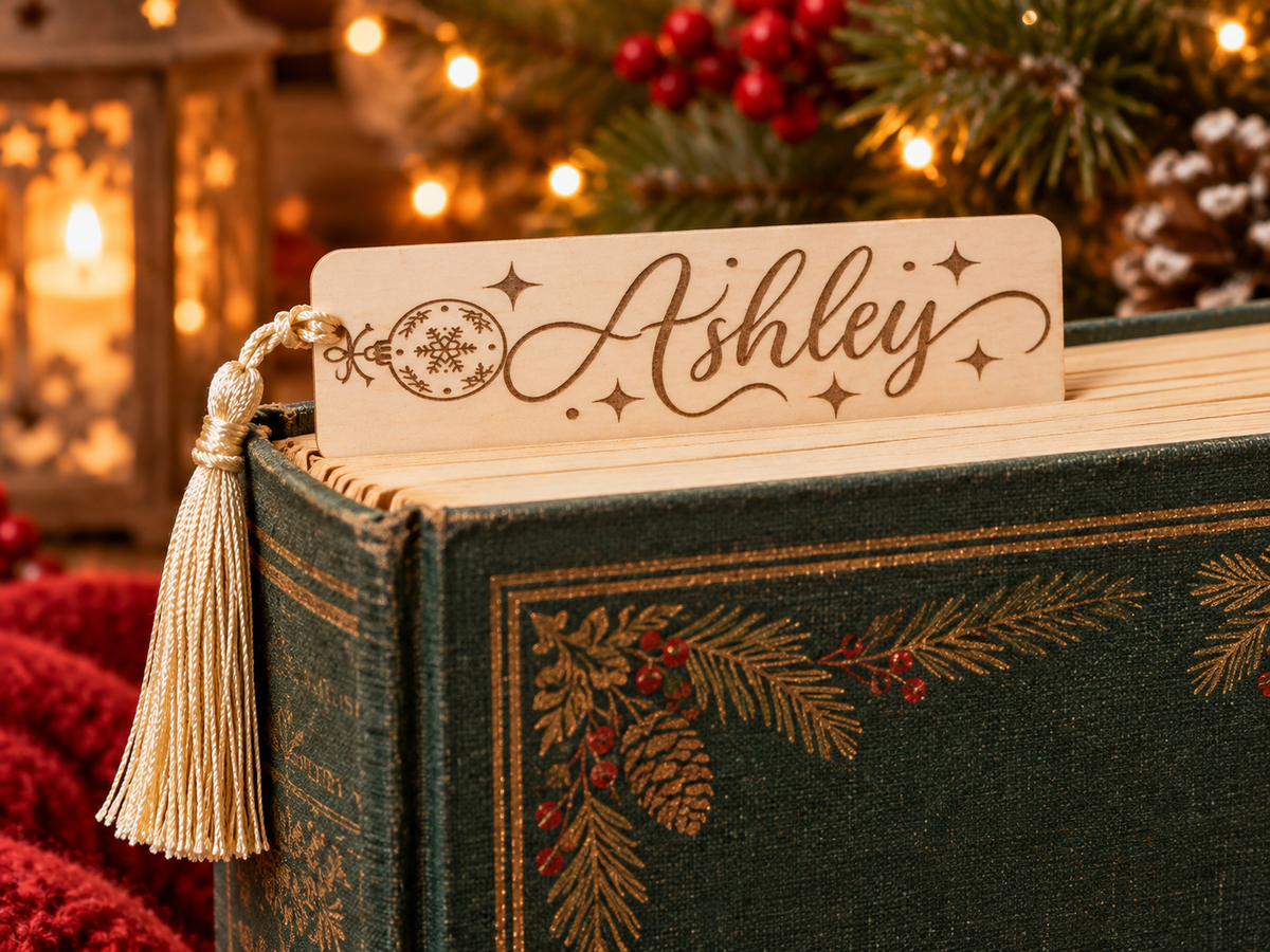 Personalized Christmas Wooden Bookmark with Name – Custom Engraved Holiday Bookmark with Tassel | Gift for Book Lovers