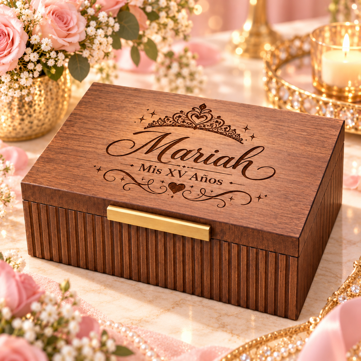 Custom Engraved Keepsake Box for Quinceanera & Sweet 16 – Personalized Memory Box Gift