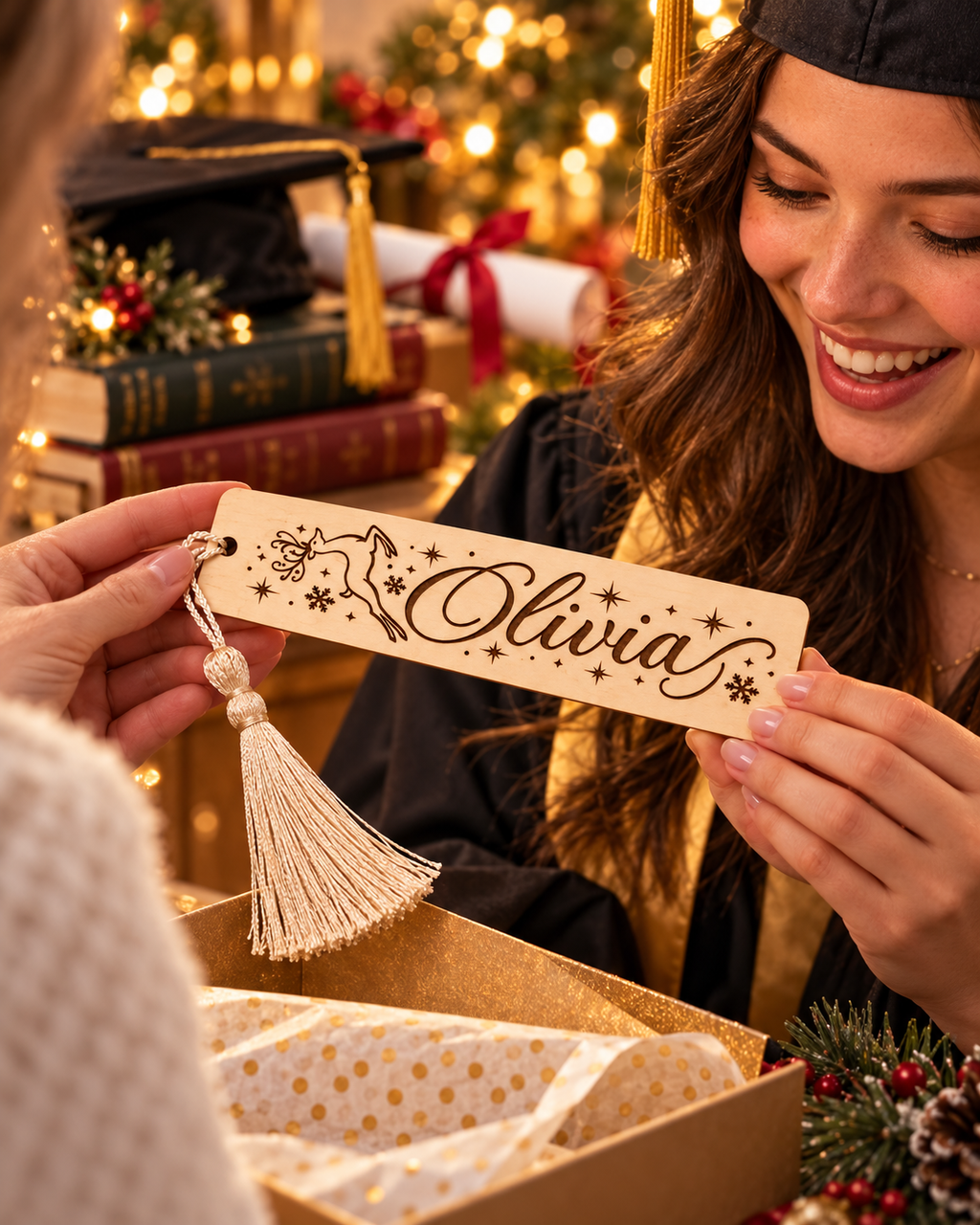 Personalized Christmas Wooden Bookmark with Name – Custom Engraved Holiday Bookmark with Tassel | Gift for Book Lovers