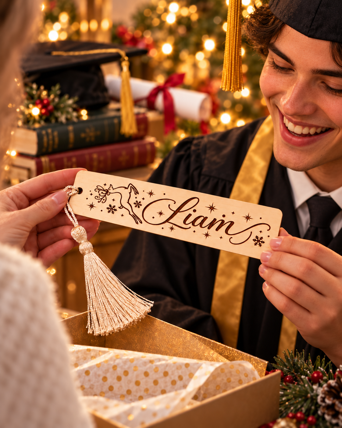 Personalized Christmas Wooden Bookmark with Name – Custom Engraved Holiday Bookmark with Tassel | Gift for Book Lovers