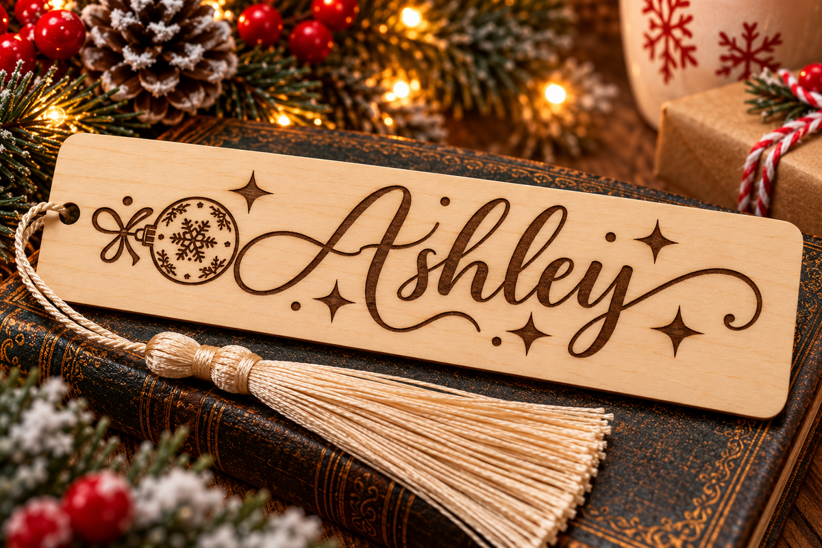 Personalized Christmas Wooden Bookmark with Name – Custom Engraved Holiday Bookmark with Tassel | Gift for Book Lovers