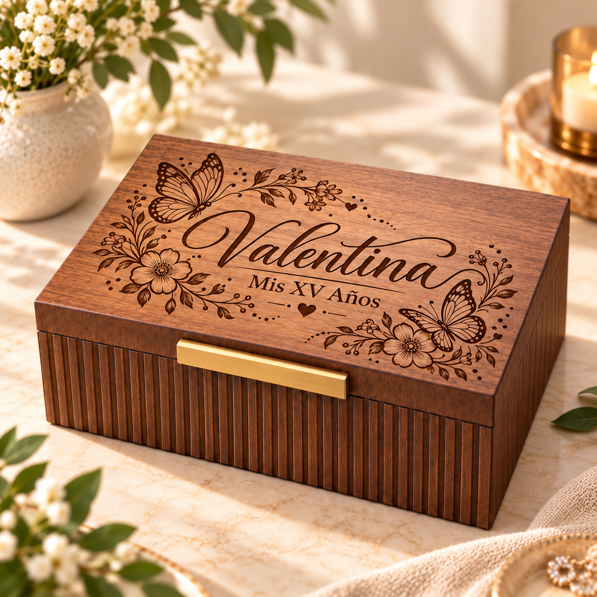 Custom Engraved Keepsake Box for Quinceanera & Sweet 16 – Personalized Memory Box Gift