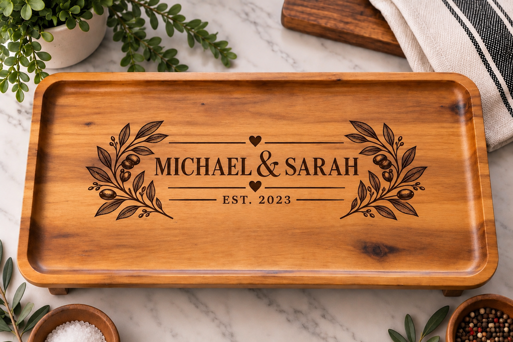 Personalized Acacia Serving Tray | Custom Family Name Engraved Wood Tray, Wedding & Housewarming Gift