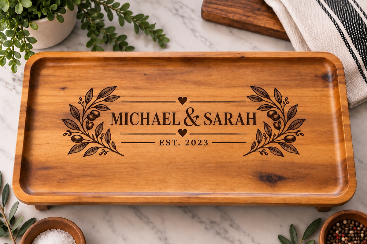 Personalized Acacia Serving Tray | Custom Family Name Engraved Wood Tray, Wedding & Housewarming Gift