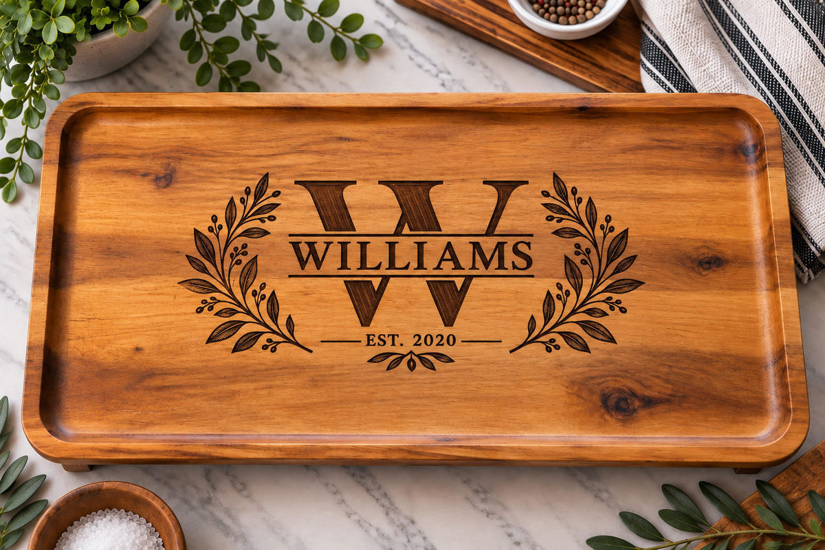 Personalized Acacia Serving Tray | Custom Family Name Engraved Wood Tray, Wedding & Housewarming Gift