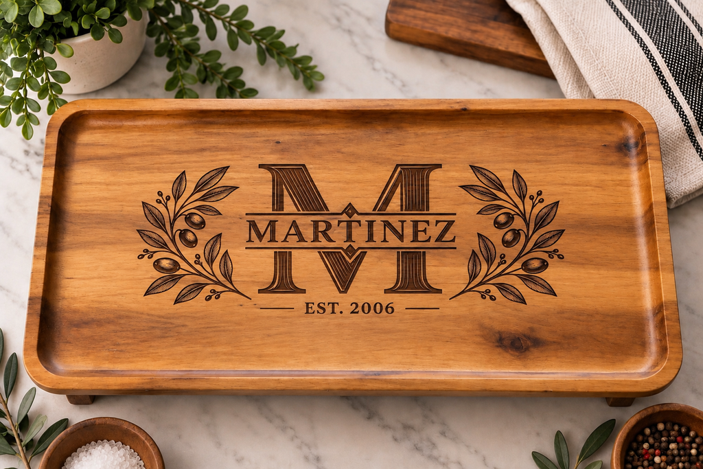 Personalized Acacia Serving Tray | Custom Family Name Engraved Wood Tray, Wedding & Housewarming Gift