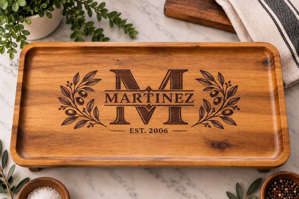 Personalized Acacia Serving Tray | Custom Family Name Engraved Wood Tray, Wedding & Housewarming Gift