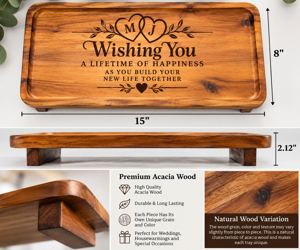Personalized Acacia Serving Tray | Custom Family Name Engraved Wood Tray, Wedding & Housewarming Gift