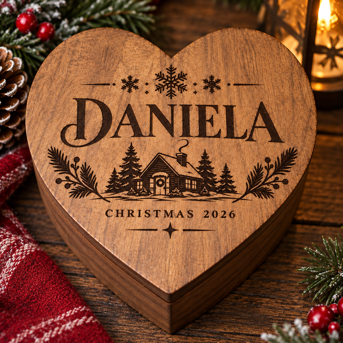Personalized engraved wooden heart keepsake box, customized with a name. A meaningful gift for Christmas, birthdays, family, and special memories.