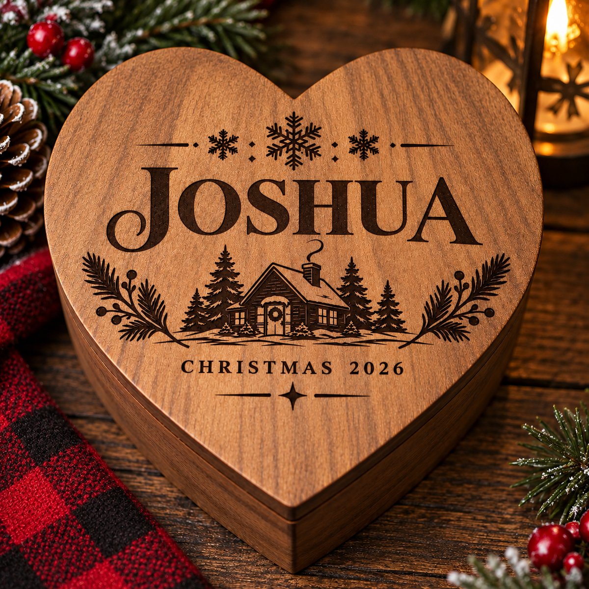 Personalized engraved wooden heart keepsake box, customized with a name. A meaningful gift for Christmas, birthdays, family, and special memories.