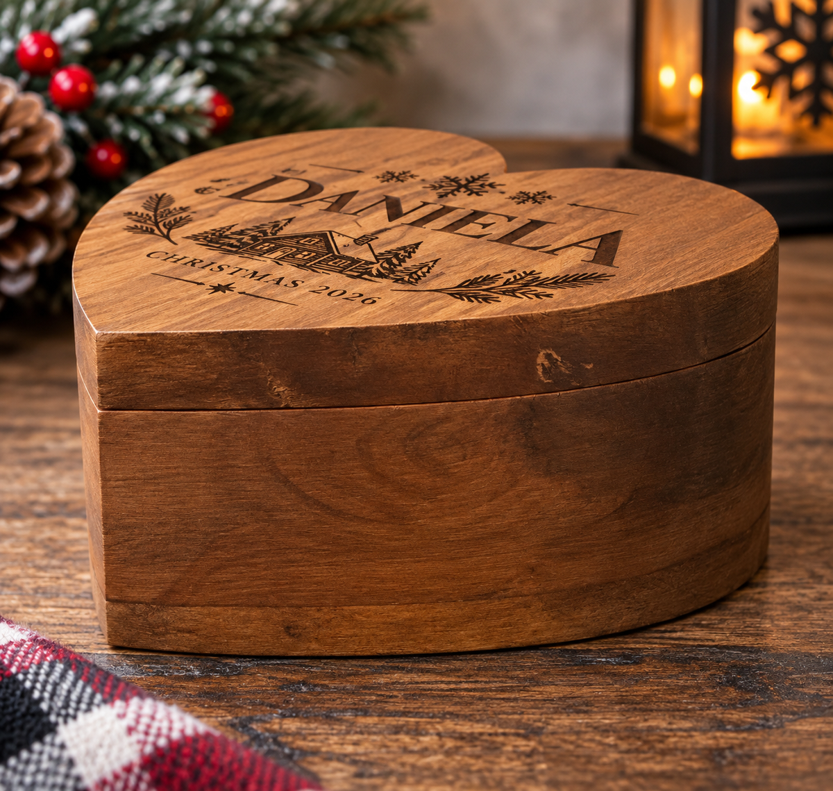 Personalized engraved wooden heart keepsake box, customized with a name. A meaningful gift for Christmas, birthdays, family, and special memories.