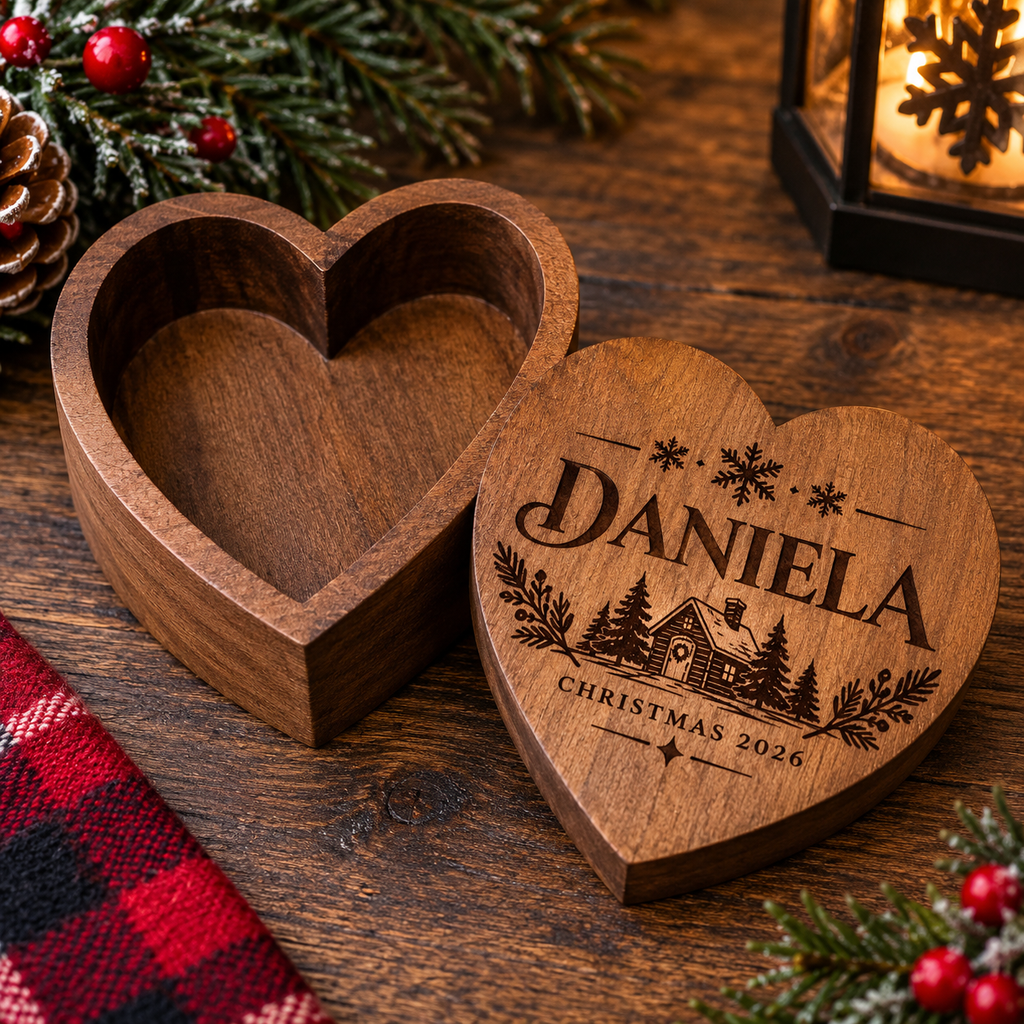 Personalized engraved wooden heart keepsake box, customized with a name. A meaningful gift for Christmas, birthdays, family, and special memories.