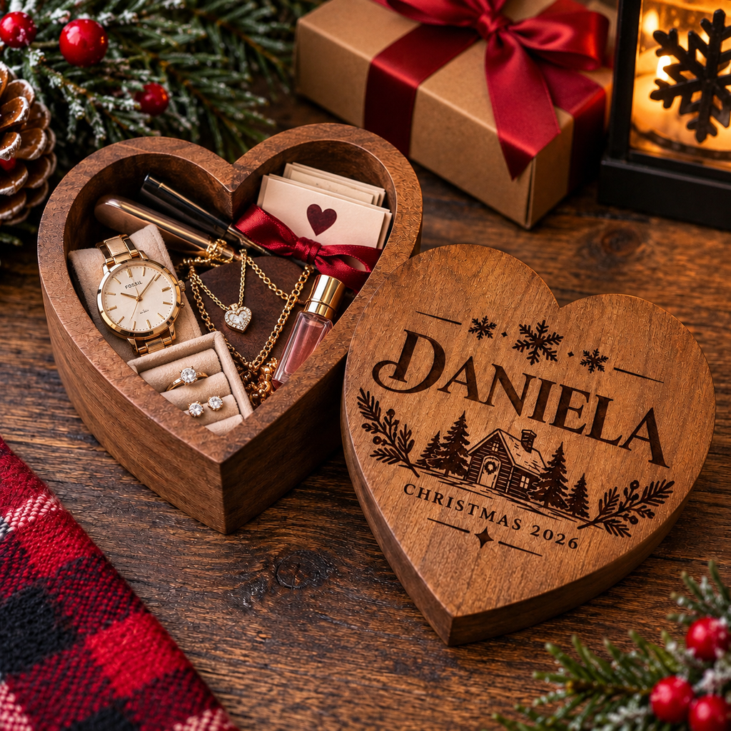 Personalized engraved wooden heart keepsake box, customized with a name. A meaningful gift for Christmas, birthdays, family, and special memories.