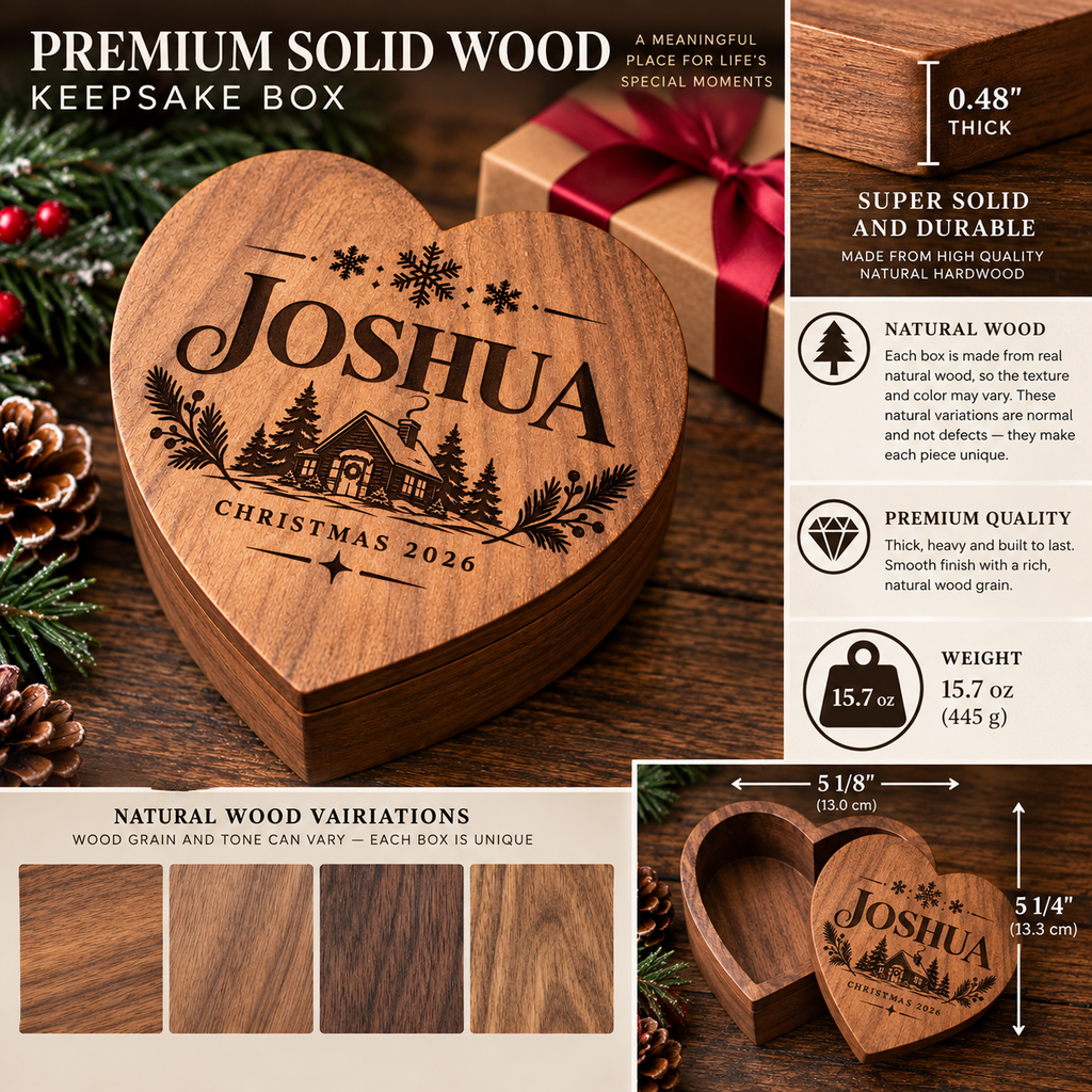 Personalized engraved wooden heart keepsake box, customized with a name. A meaningful gift for Christmas, birthdays, family, and special memories.