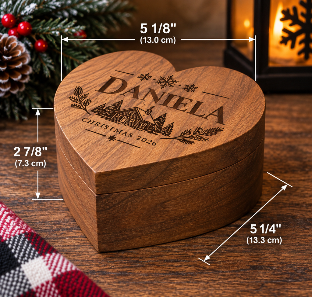 Personalized engraved wooden heart keepsake box, customized with a name. A meaningful gift for Christmas, birthdays, family, and special memories.
