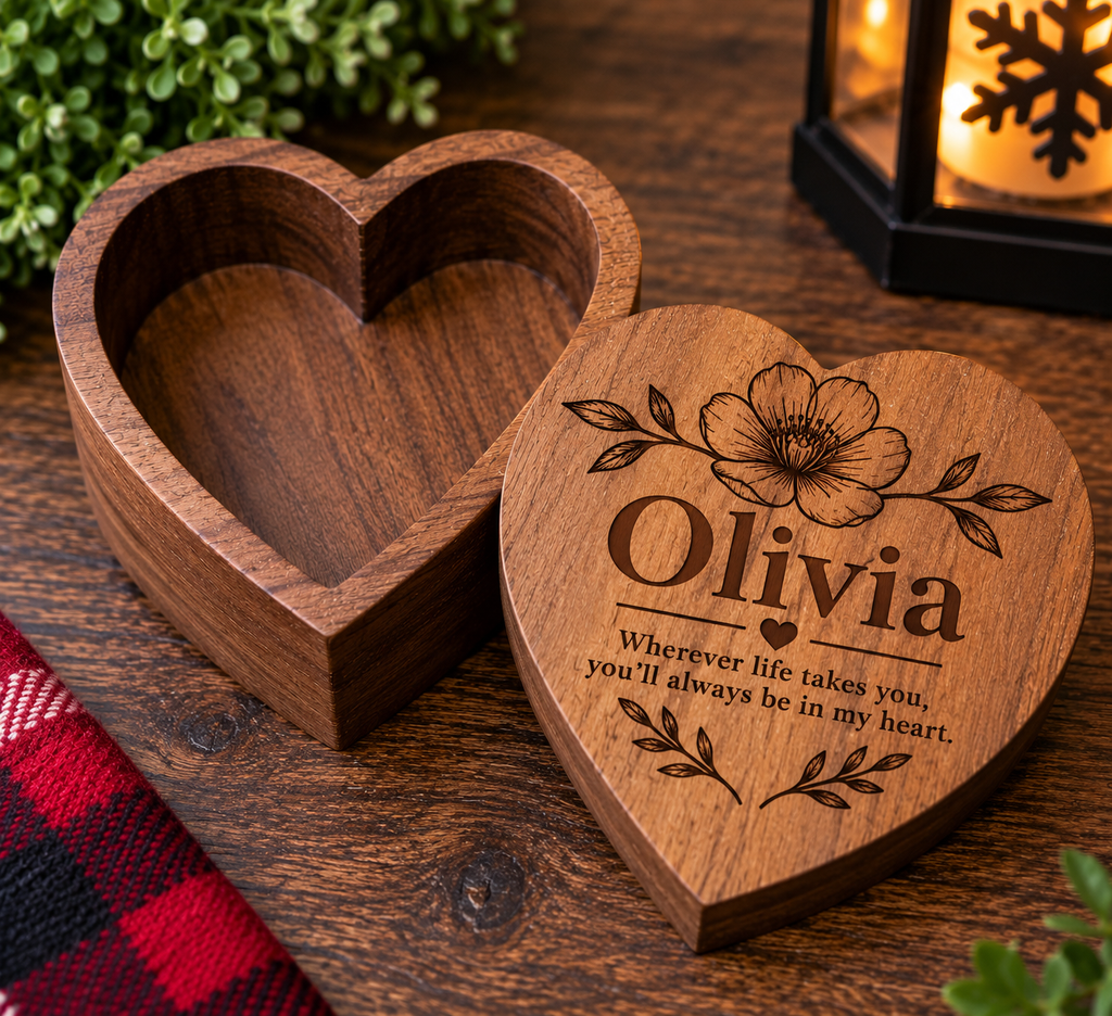 Personalized engraved wooden heart keepsake box, customized with a name. A meaningful gift for Christmas, birthdays, family, and special memories.