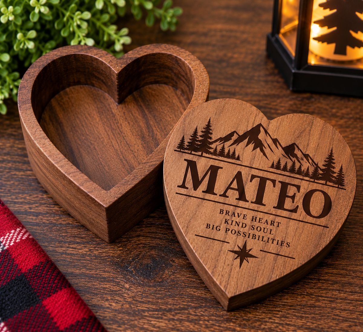 Personalized engraved wooden heart keepsake box, customized with a name. A meaningful gift for Christmas, birthdays, family, and special memories.