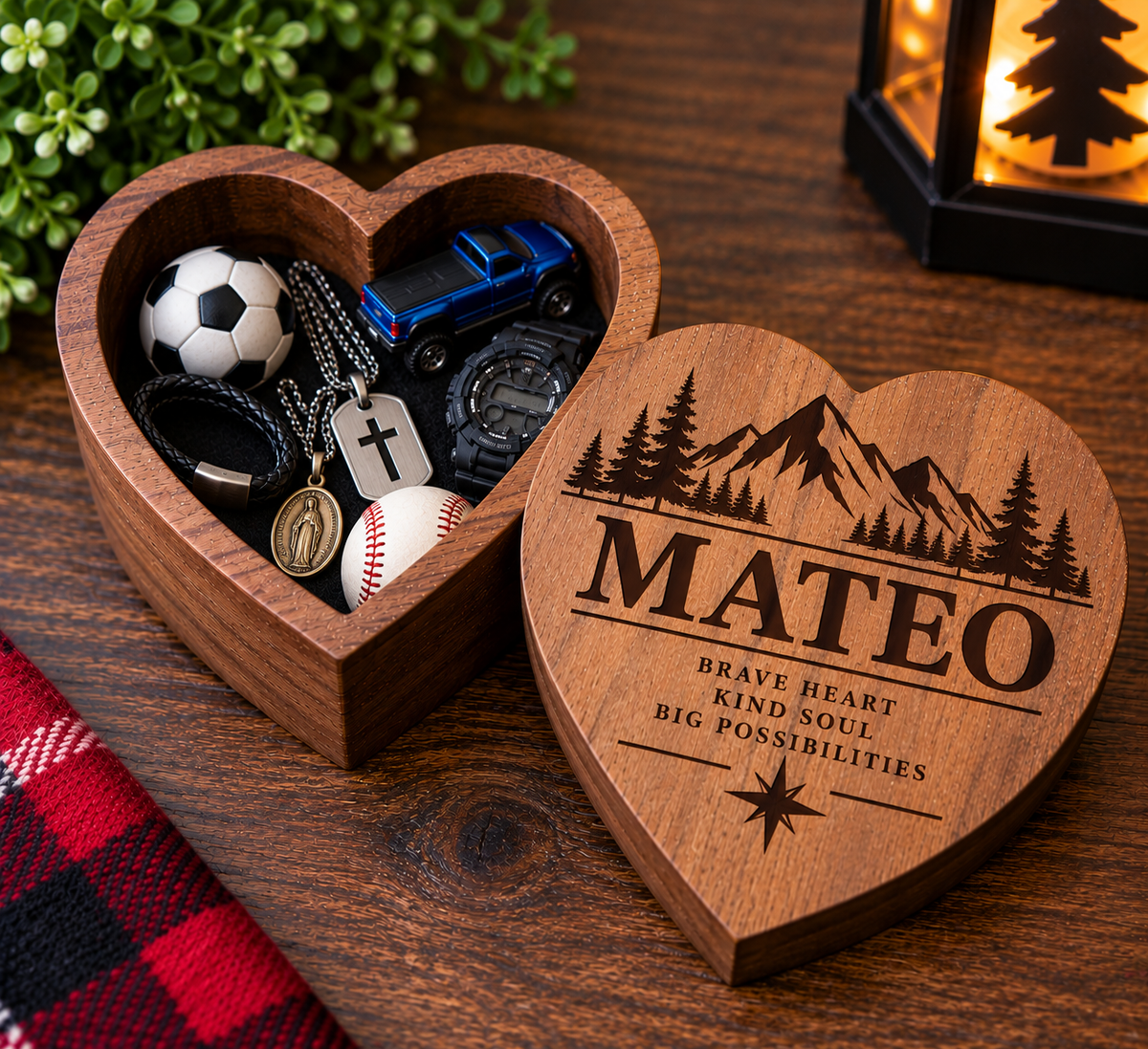 Personalized engraved wooden heart keepsake box, customized with a name. A meaningful gift for Christmas, birthdays, family, and special memories.