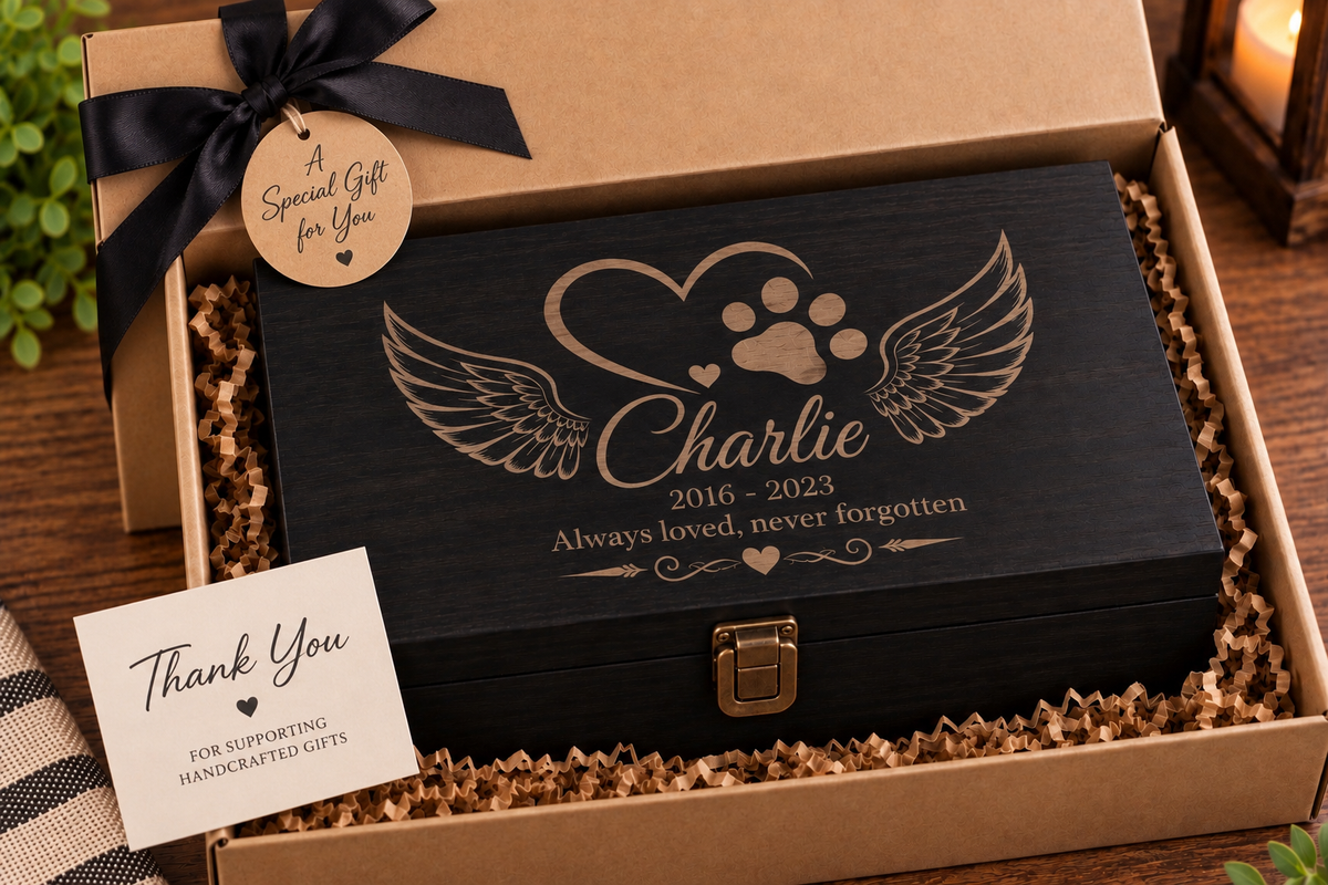 Extra Large Personalized Pet Memorial Box | Custom Engraved Pine Keepsake Box, Pet Loss Sympathy Gift
