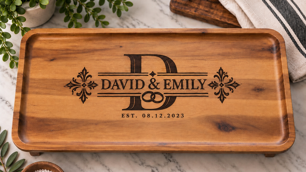 Personalized Acacia Serving Tray | Custom Family Name Engraved Wood Tray, Wedding & Housewarming Gift