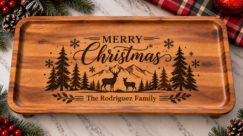 Personalized Acacia Serving Tray | Custom Family Name Engraved Wood Tray, Wedding & Housewarming Gift