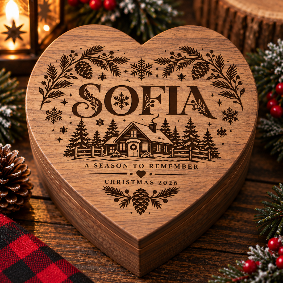 Personalized engraved wooden heart keepsake box, customized with a name. A meaningful gift for Christmas, birthdays, family, and special memories.