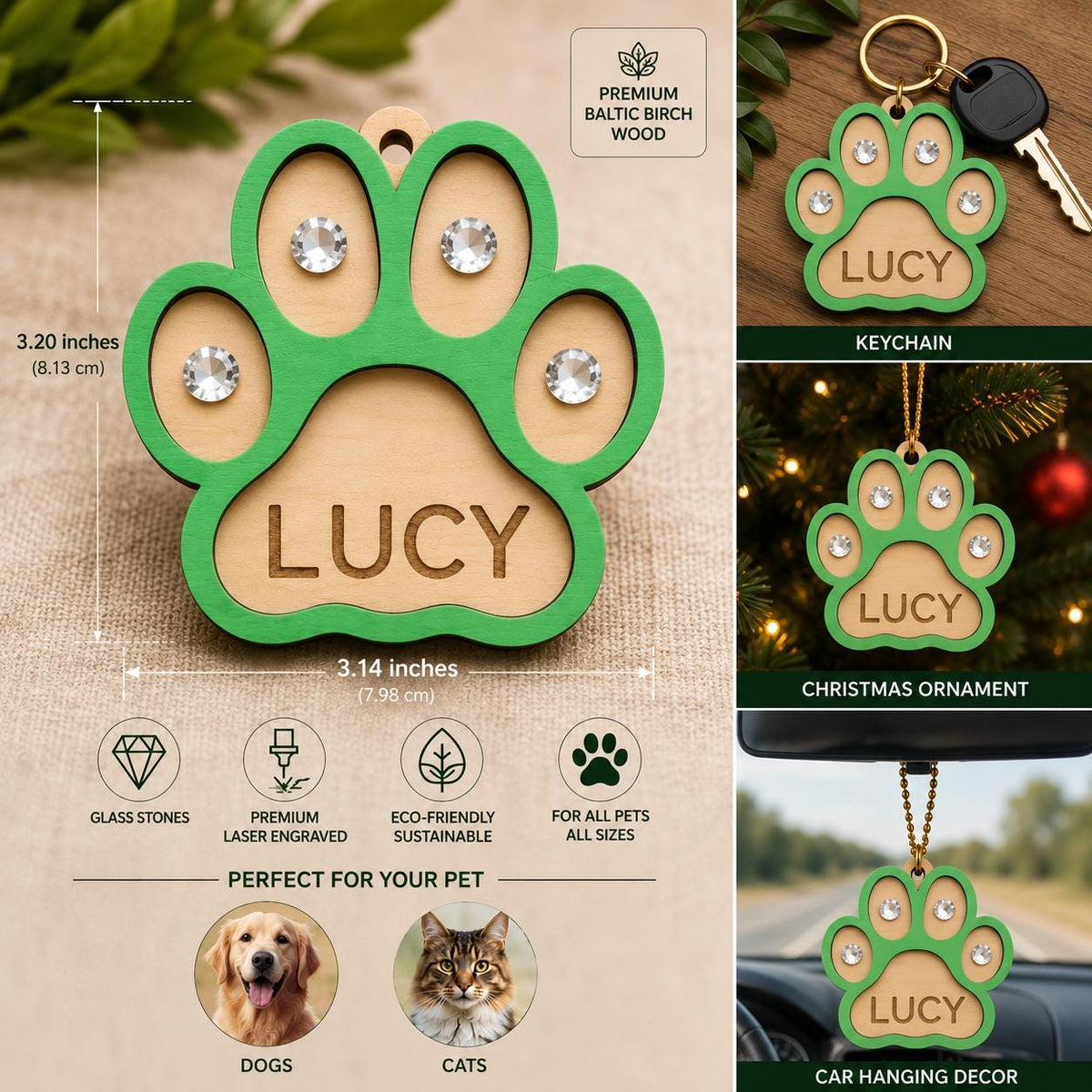 Personalized Wooden Paw Print Ornament – Laser Engraved Pet Name, Glass Stones Charm