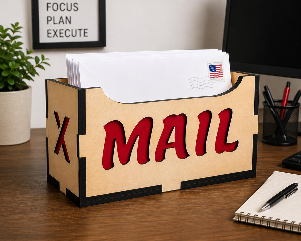 3D Layered Wood Mail Organizer – Laser Cut Desk Holder – Office Decor