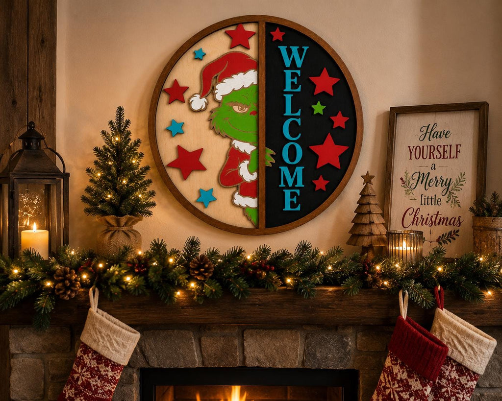 Grinch Christmas Welcome Sign, Multilayer Birch Wood Door Hanger, 3D Holiday Decor
