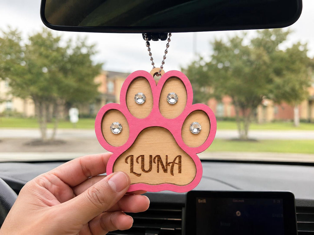 Personalized Wooden Paw Print Ornament – Laser Engraved Pet Name, Glass Stones Charm