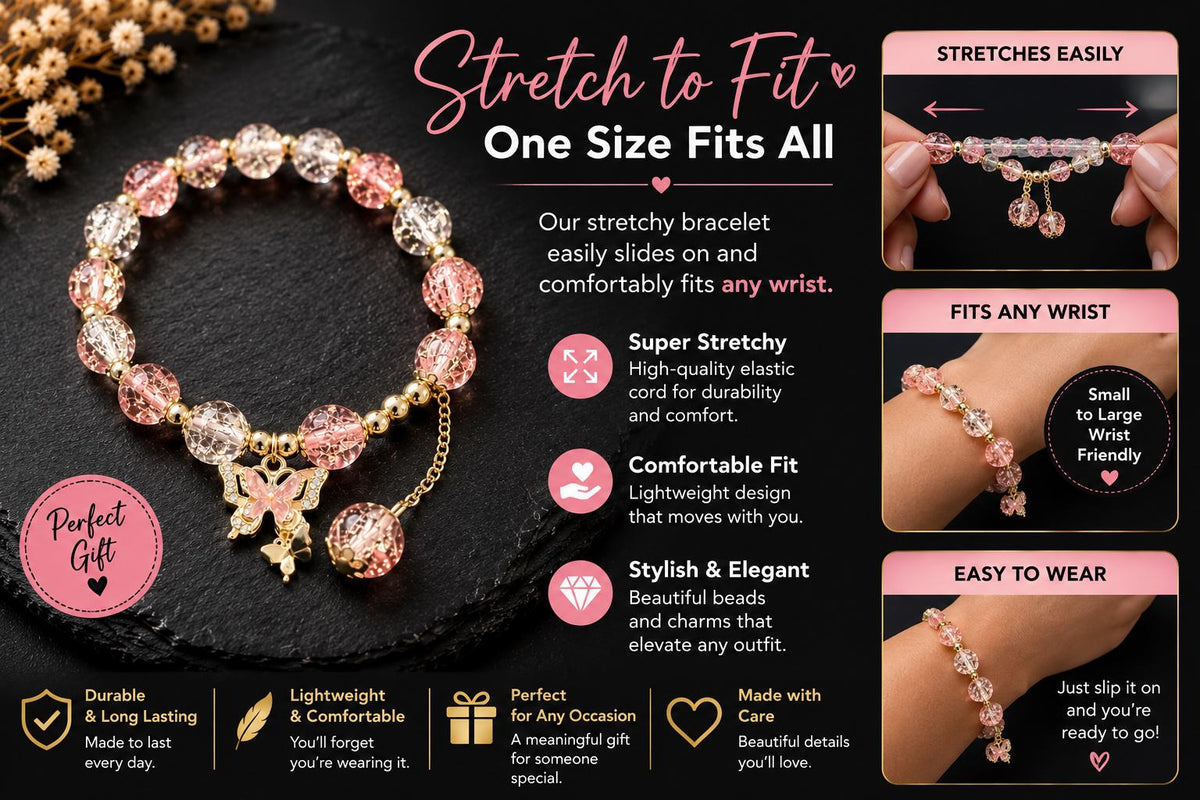 Beaded Stretch Bracelet with Butterfly Charm | Handmade Pink Crystal Jewelry