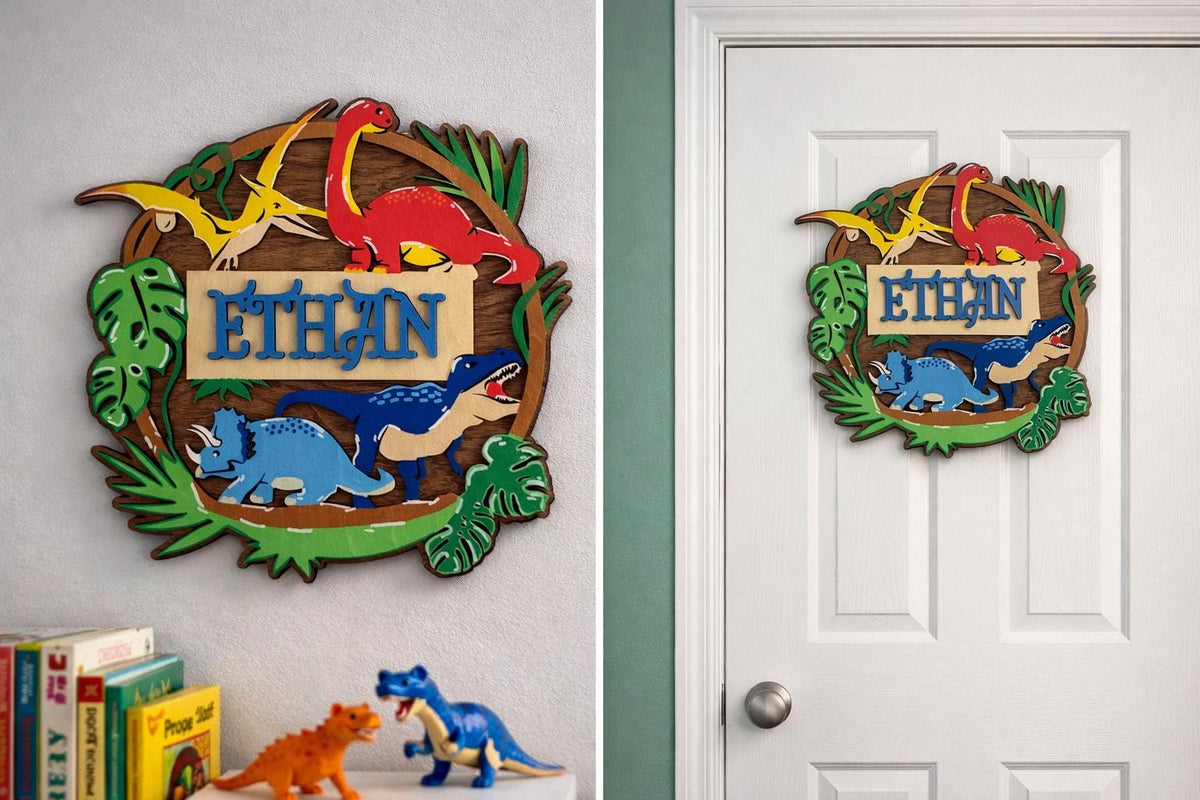 Personalized Dinosaur Name Sign, Laser Cut Hand Painted Wooden Nursery Decor