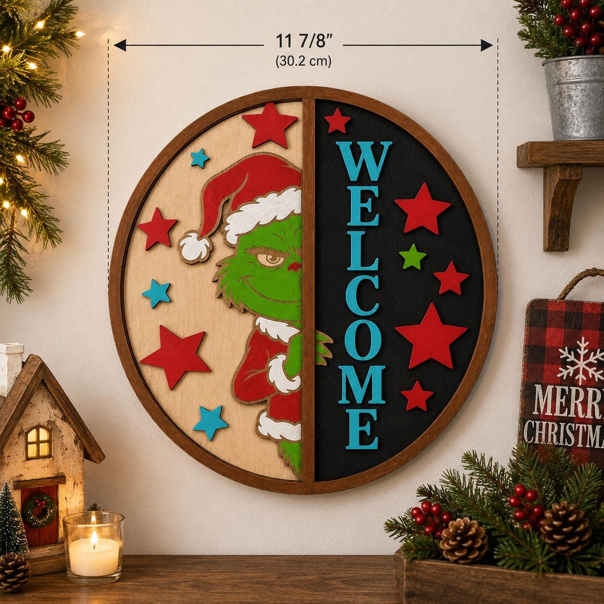 Grinch Christmas Welcome Sign, Multilayer Birch Wood Door Hanger, 3D Holiday Decor