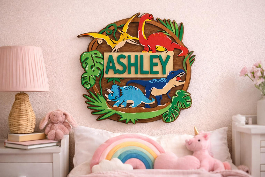 Personalized Dinosaur Name Sign, Laser Cut Hand Painted Wooden Nursery Decor