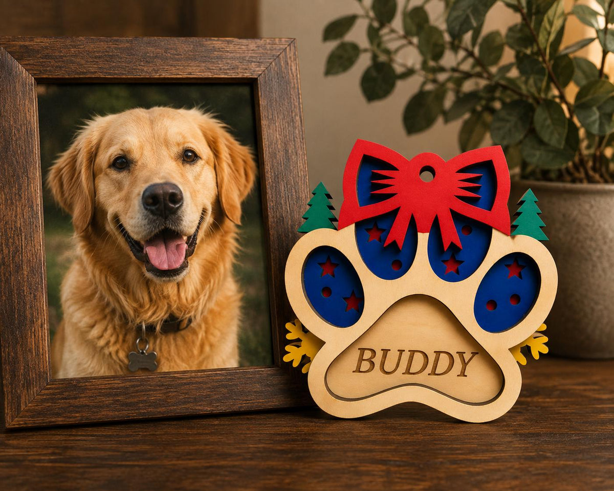 Personalized Wooden Paw Print Ornament – Laser Engraved Pet Name