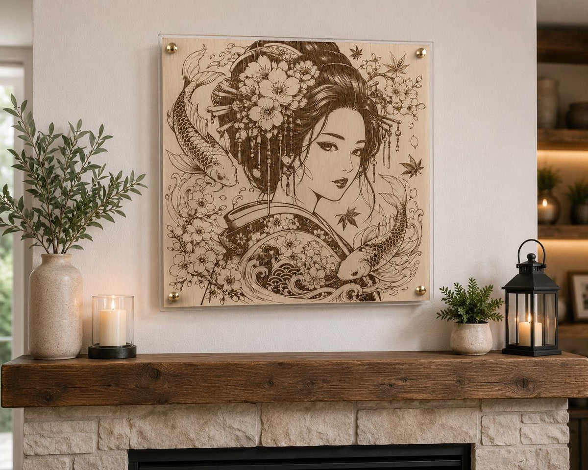 Japanese Geisha Wood Wall Art | Laser Engraved Koi, Cherry Blossoms (12x12")