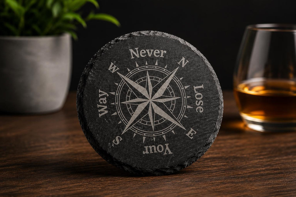Never Lose Your Way Slate Coasters. Compass Engraved Drink Coasters