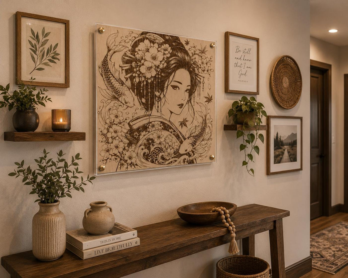 Japanese Geisha Wood Wall Art | Laser Engraved Koi, Cherry Blossoms (12x12")